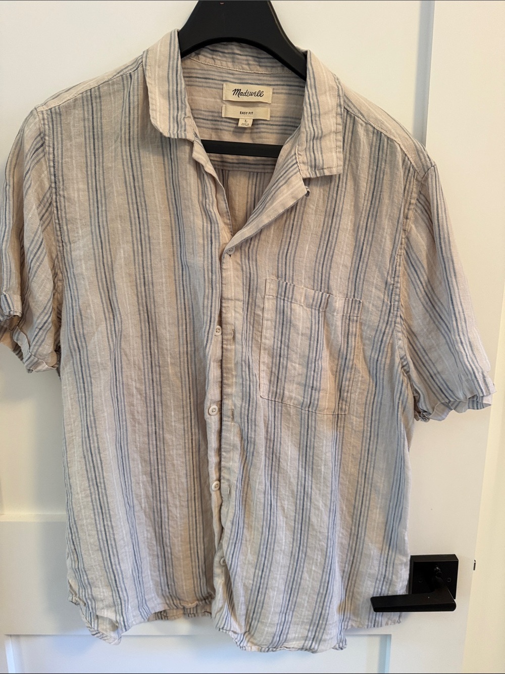 Madewell Men's Short Sleeve Button-Down Shirt in Light Blue and Cream Stripes
